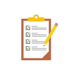 Clipboard with checklists, questionnaires, feedback, assessments and pencil icons in a simple design.