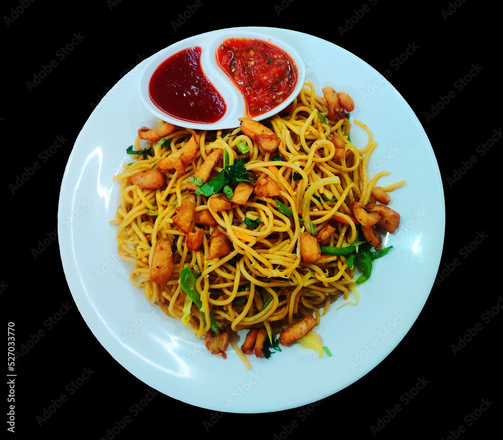 Chicken chowmein on a Plate, Hot and Fresh Chow Mein in Nepali Style ...