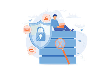 Poster - protection shield with lock, magnifier and users working with protected data. internet security, pri