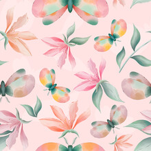 Magnolia Flowers And Moths On Pink Background Watercolor Painting, Seamless Repeat Pattern
