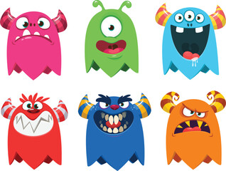 Funny cartoon monsters. Set of cartoon vector scary colorful monsters. Halloween design for decoration, stickers or cutout yard art sign.