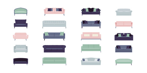 Collection of sofa models. A set of fashionable and modern furniture for home and office. Elements of the interior of the apartment. Pastel colors. Vector flat illustration