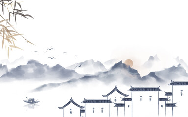 Wall Mural - peaceful spring Chinese painting of mountains and rivers Clouds and pines High mountains of China