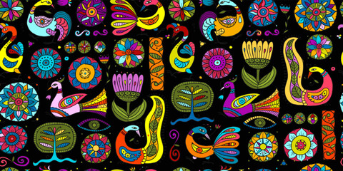 Poster - Magic fantasy birds and flowers. Vintage seamless pattern background for your design. Vector illustration