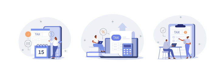 Poster - taxes illustration set. characters using tax calendar to filling tax declaration form online and wit
