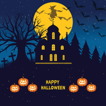 Colorful Witch haunted house pumpkins and background Bats template 14