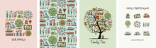 Family Concept Art Collection. Frame, Background, Tree, Icons. Set For Your Design Project - Cards, Banners, Poster, Web, Print, Social Media, Promotional Materials. Vector Illustration