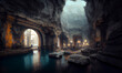 underground  lake inside cave with remains of the old town and corridors, digital painting