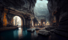 Underground  Lake Inside Cave With Remains Of The Old Town And Corridors, Digital Painting