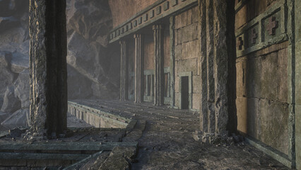 Aufkleber - Dark atmospheric ancient fantasy temple entrance built into a mountain. 3D illustration.