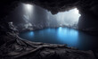 beautiful blue underground  lake inside cave , digital painting