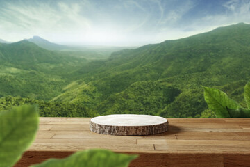 Wall Mural - Desk of free space and green landscape of mountains. 