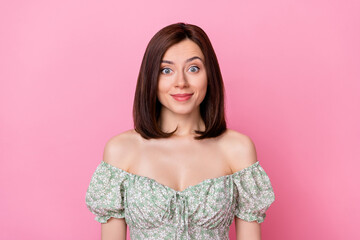 Wall Mural - Portrait of positive calm sweet lady wear trendy summer outfit clothes isolated on bright pink color background