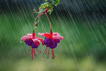 Wall Mural - the blossoms of a hanging fuchsia plant. summer rain in windsor in upstate ny. plant hanging on our 