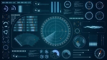 Poster - Motion graphic of Blue color sonar radar screen searching an object with futuristic head up display ( HUD UI ) technology interface screen and chat panel abstract background