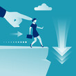 © hvostik16 - Man pushes a businesswoman with a cliff. Big hand of leader pushes subordinate employee into abyss. Standing on cliff. Danger of falling into abyss. Business challenge concept. Vector flat design.