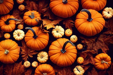 a top down view of various sized pumpkins and autumn leaves against a dark background. a.i. generate