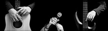 Black And White Guitarist, Singer, Bassist Hands. Isolated On Black. Music Background