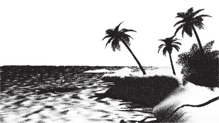  Beach or tropical island coast landscape with palm tree over sea in retro dotwork style.