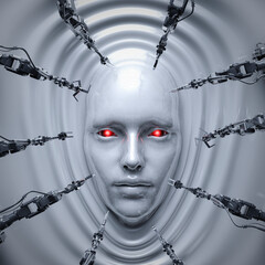 Wall Mural - female robot creation - 3d illustration of science fiction cyborg woman forming from molten liquid m