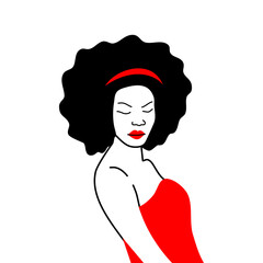 Afro girl illustration, Red dress, Red hair bend