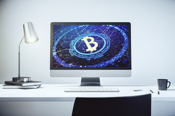 Poster - Creative Bitcoin concept on modern computer monitor. 3D Rendering