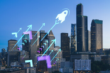 illuminated aerial cityscape of seattle, downtown at night time, washington, usa. startup company, l