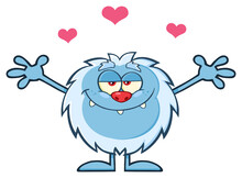 Smiling Little Yeti Cartoon Mascot Character With Open Arms For Hugging With Hearts. Vector Hand Drawn Illustration Isolated On Transparent Background