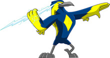 Thunderbird Bird Cute Cartoon Character Holding A Big Тhunderbolt. Vector Hand Drawn Illustration Isolated On Transparent Background
