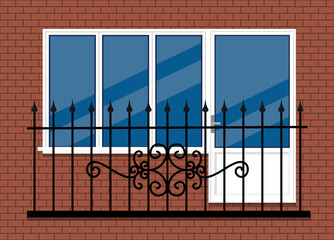 Canvas Print - white plastic pvc window with door and balcony with black metal balcony rail, front view. isolated on a red brown brick wall background. Cartoon style flat design.