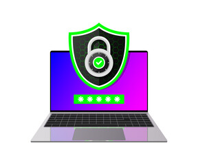 Poster - Shield on Computer Desktop or laptop protect sensitive data. Internet security