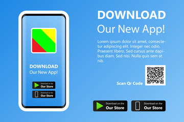 Download page of the mobile app.  Download our new app ,Mobile App. Load buttons. Download our App, background. Banner Page of the mobile application