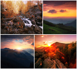 Wall Mural - spectacular summer collage, awesome sunset landscape, beautiful nature background in the mountains, Europe	