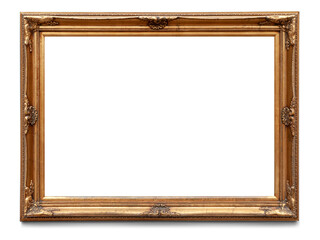 a rectangular wooden golden painting frame with antique ornaments. full transparent png.