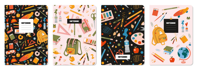 Trendy covers set on a school theme, cartoon style vector illustration.  Cool design with seamless patterns, student stationery and art supplies. For notebooks, planners, brochures, books, catalogs