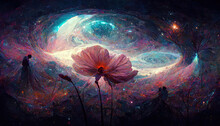 Abstract, Beautiful Galaxy Illustration Flower In Cosmos, The Universe In The Background, Artistic Visualization Fantasy Fairy Tail Wallpaper With Glowing Stars And Planets Colorful Futuristic Concept