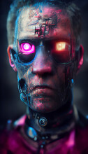 Cybernetic Terminator Half Human Half Machine Hurt Bull Digital Art Illustration Painting Hyper Realistic