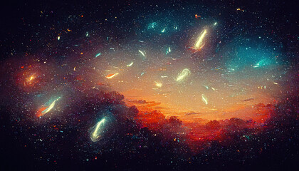 Wall Mural - Abstract cosmos background art with galaxies, universe, stars, planets and dark clouds in the night, fantasy fairy tail wallpaper drawing painted illustration with cosmic swirls