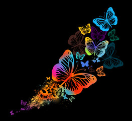 Wall Mural - Abstract multicolored butterflies with splashes of paint. on a black background Vector illustration