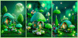 A set of images of fabulous fairy houses on a green background. Dwellings of elves and fairies in the forest, tiny houses of fabulous creatures. 