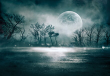 Fog In Spooky Forest At Night With Full Moon On Asphalt - Abstract Bokeh Lights And Tone Filter
