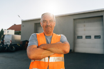 Wall Mural - Portrait of caucasian mature man on semi-truck vehicles parking background. Truck driver worker 