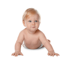 Poster - Cute little baby in diaper on white background