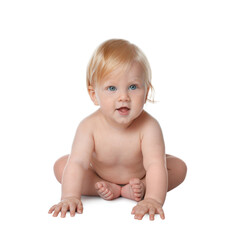 Wall Mural - Cute little baby in diaper on white background