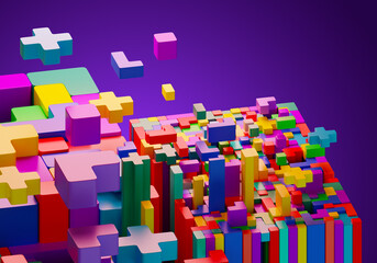 Poster - Mosaic of colorful shapes. Abstract construction  blocks tetris shapes. Geometric shapes. Concept of creative, logical thinking 3D image