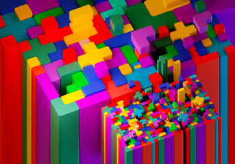 Poster - Geometric shapes in different colors. Wooden blocks, different primary shapes. Different colorful shapes wooden blocks on light background. 3D image.