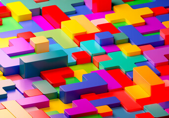 Poster - Mosaic of colorful shapes. Abstract construction  blocks tetris shapes. Geometric shapes. Concept of creative, logical thinking. Geometric shapes in different colors, top view. 3D image.