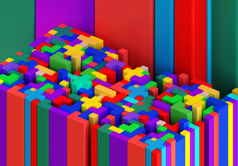 Poster - Colored background is made up of multi-colored geometric shapes. Concept of creative, logical thinking. Geometric shapes in different colors, top view. 3D image.