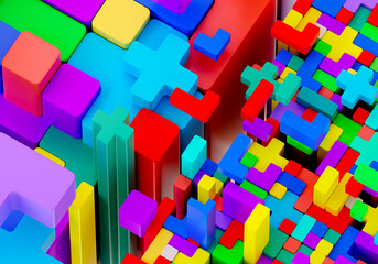 Poster - Mosaic of colorful shapes. Abstract construction  blocks tetris shapes. Geometric shapes. Concept of creative, logical thinking. Geometric shapes in different colors, top view. 3D image