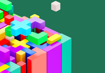 Poster - Puzzle piece from different figures. Colored molds with glossy surface. Geometric shapes folded into rectangle shape. 3D image